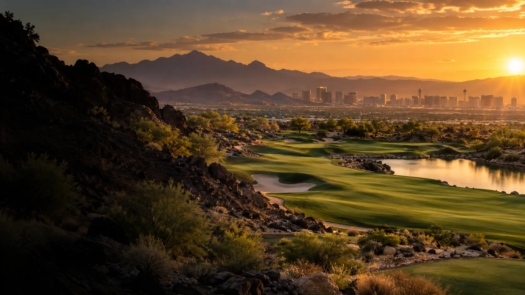 Illustrative desert golf landscape at sunset